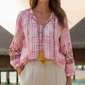 Sharon Young Pink Abstract Plaid Embroidered Peasant Boho Top Large